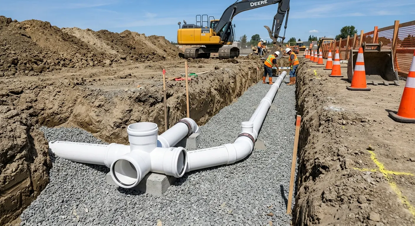 New PVC sewer pipe installation in open trench for Sewer Backup in Trenton